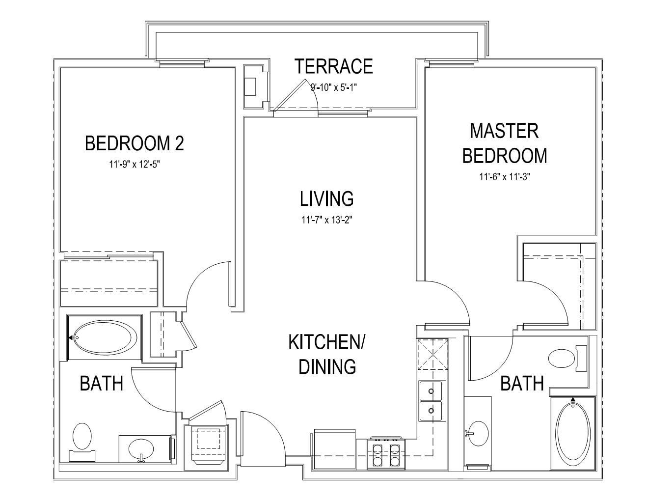 Floor plan for 2 beds, 2 baths, 986 sqft